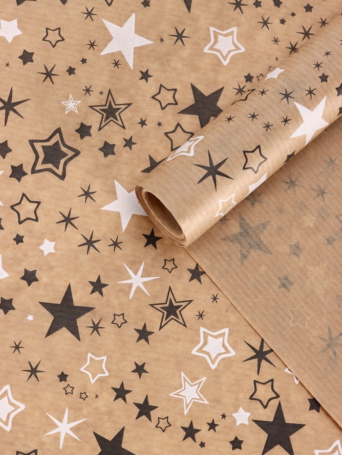 Бумага упаковочная крафт «Звезды», белый/графитовый, 0.72×10±5% м, 40 г - Фото 1