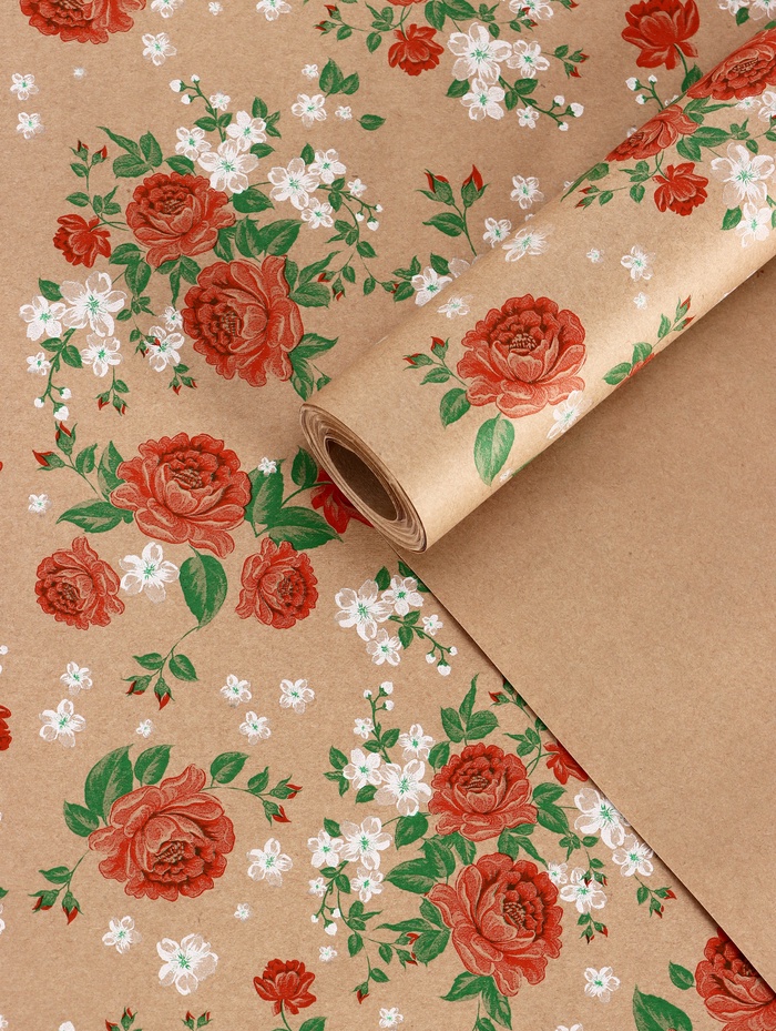 Бумага упаковочная крафт «Пионы», красный, 0.72×10±5% м, 60 г - Фото 1