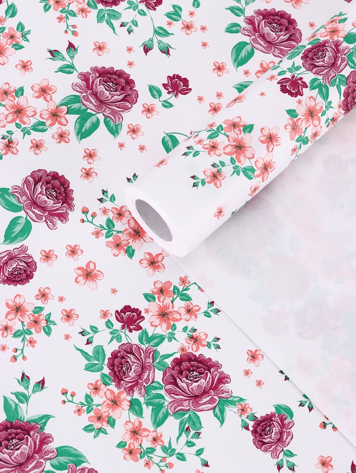 Бумага упаковочная крафт белый «Пионы», сиреневый, 0.72×10±5% м, 60 г - Фото 1