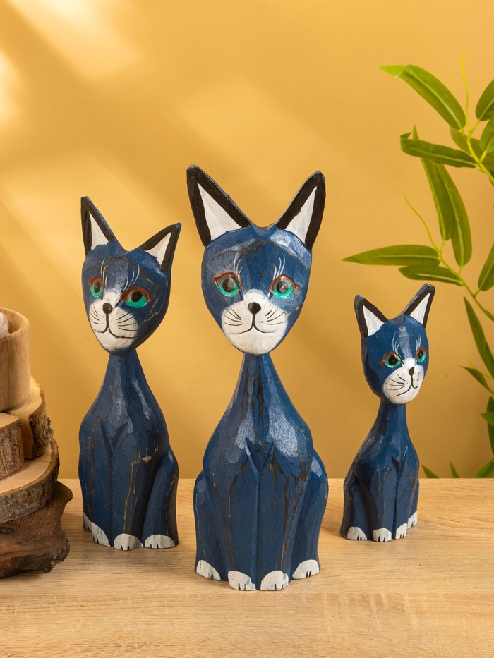 Сувенир интерьерный «Кошачья семья», набор 3 шт., h=30 см, h=25 см, h=20 см, дерево, синий
