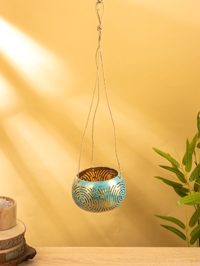 Подсвечник подвесной из кокоса, 14×14×10 см, бирюзово-золотой