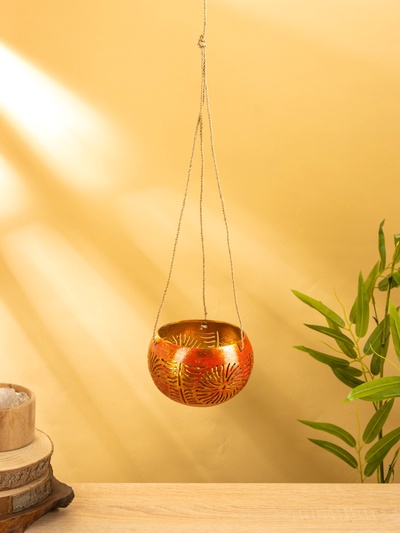 Подсвечник подвесной из кокоса, 11-14 см, красно-золотой