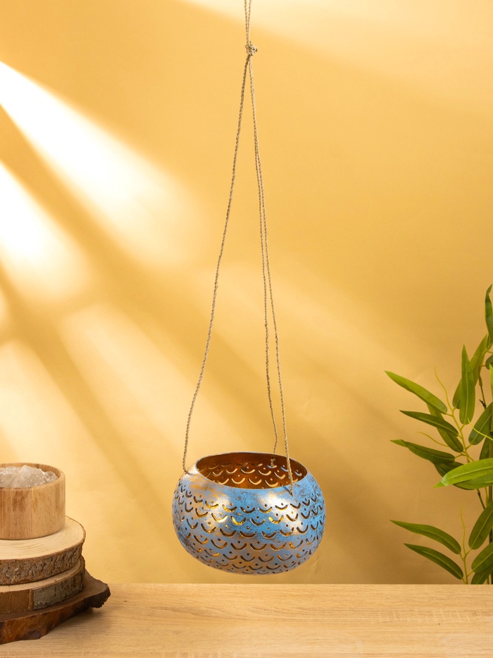 Подсвечник подвесной из кокоса, 14-16 см, сине-золотой - Фото 1