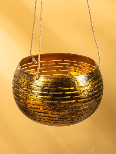 Подсвечник подвесной из кокоса, 14×14×10 см, чёрно-золотой