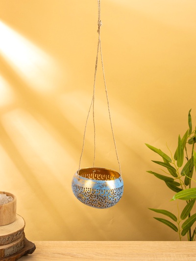 Подсвечник подвесной из кокоса, 14×14×10 см, сине-золотой
