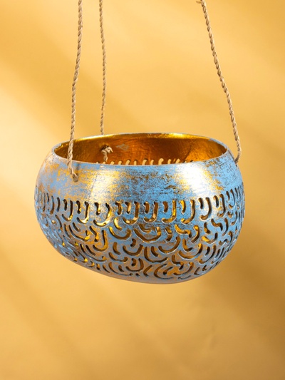 Подсвечник подвесной из кокоса, 14×14×10 см, сине-золотой