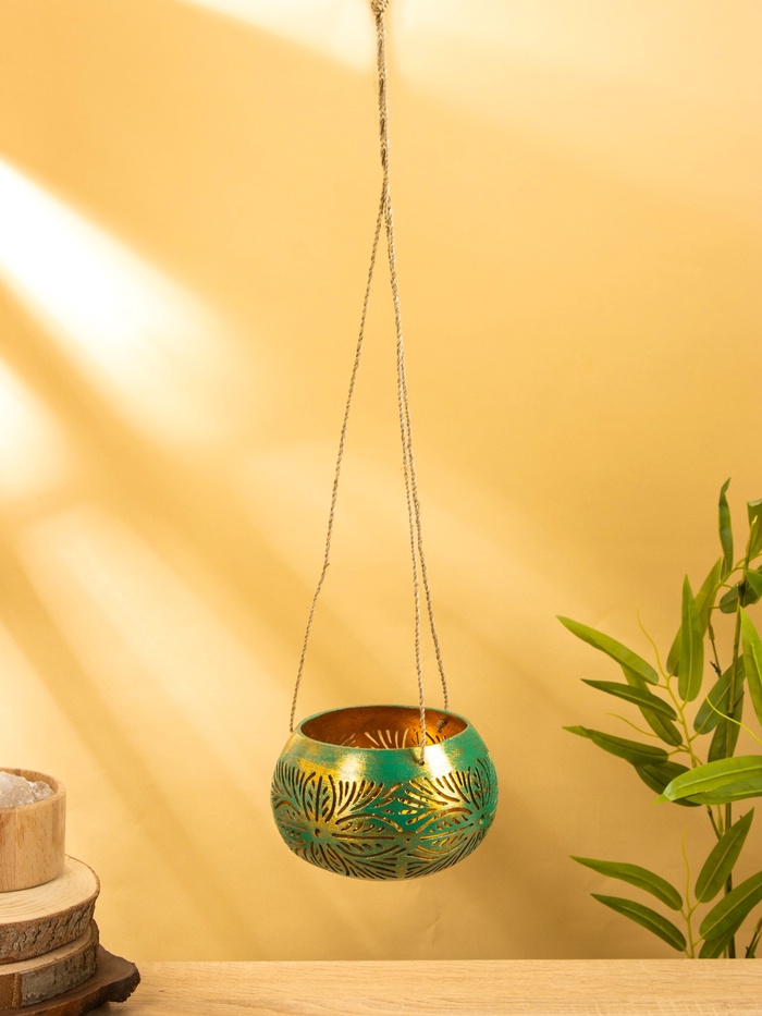 Подсвечник подвесной из кокоса, 14×14×10 см, голубой с золотым - Фото 1