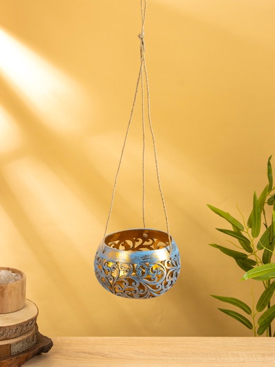 Подсвечник подвесной из кокоса, 14×14×10 см, голубой-золотой