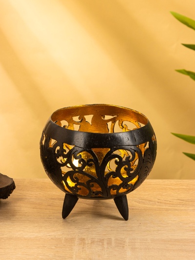 Подсвечник из кокоса, 15×15×13 см, коричнево-золотой