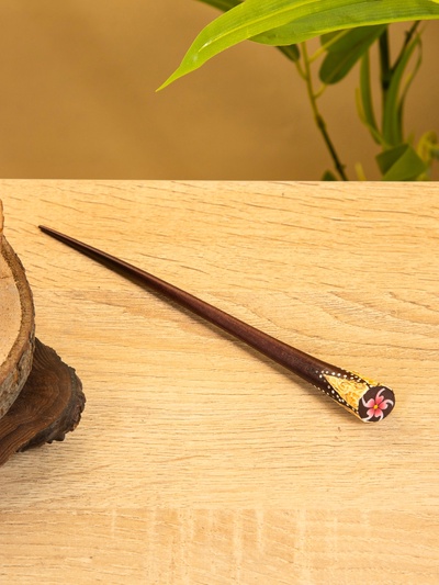 Шпилька для волос «Цветок», 17 см, дерево албезия, коричневая, розовая