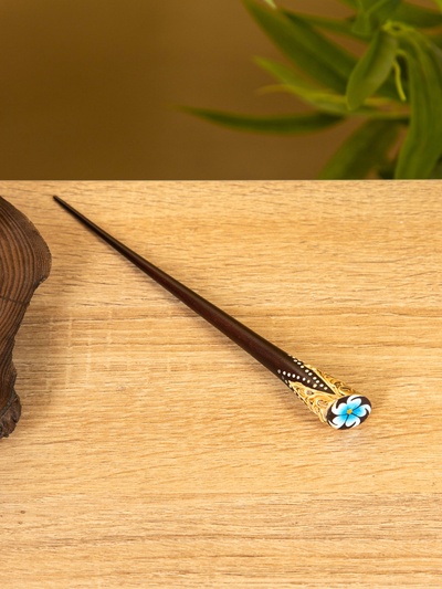 Шпилька для волос «Спираль», 17 см, дерево албезия, коричневая, голубая