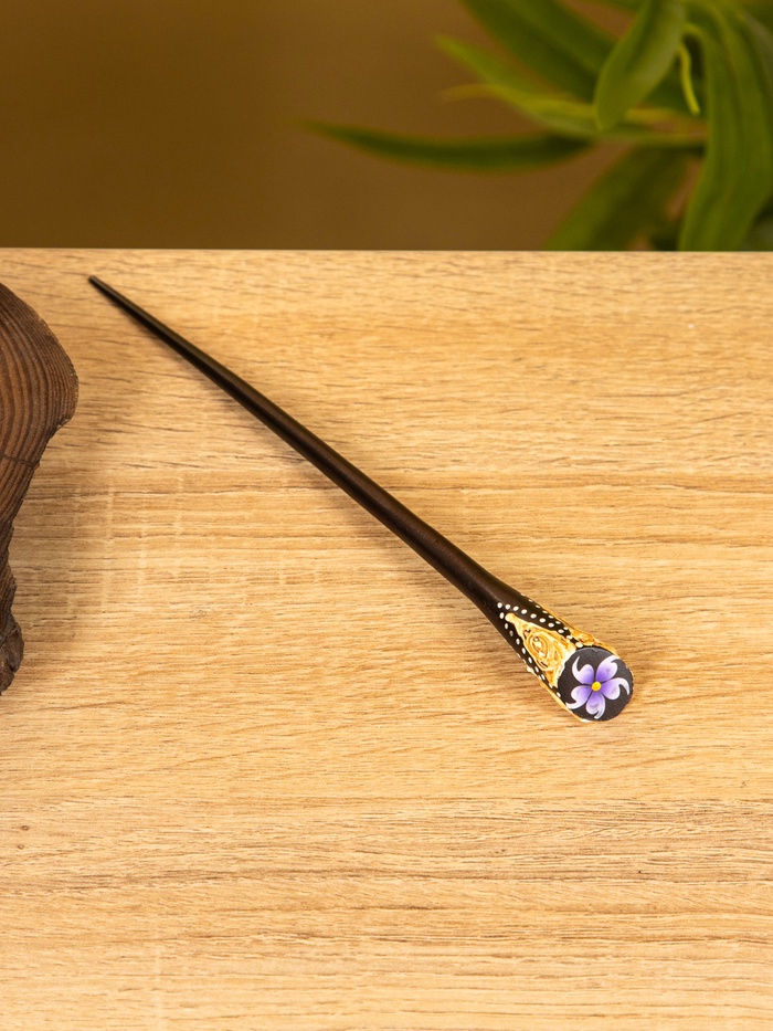 Шпилька для волос «Цветок», 17 см, дерево албезия, коричневая, сиреневая - Фото 1