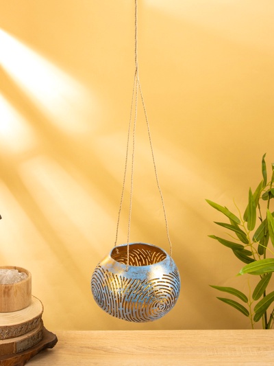 Подсвечник подвесной из кокоса, 16×16×11 см, голубой, золотой