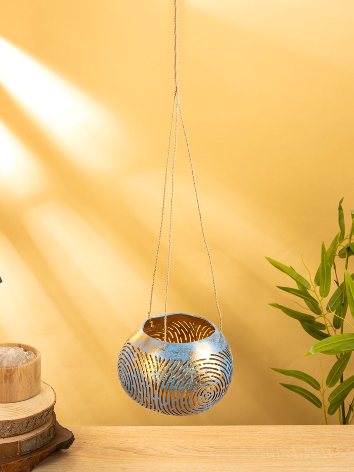 Подсвечник подвесной из кокоса, 16×16×11 см, голубой, золотой - Фото 1