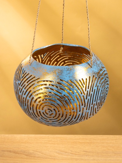 Подсвечник подвесной из кокоса, 16×16×11 см, голубой, золотой
