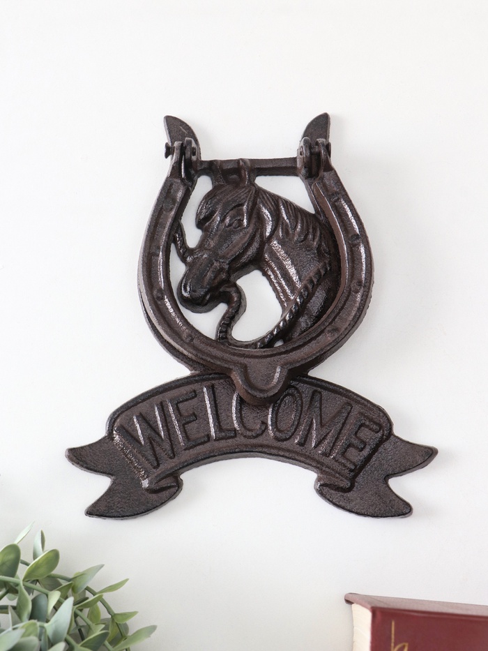 Дверной молоток для входной двери «Конь в подкове - Welcome», чугун, 18×2×21 см - Фото 1