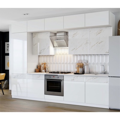 УЦЕНКА Кухня в потолок трехуровневая Престиж 3000, Белый/Мрамор золото МДФ