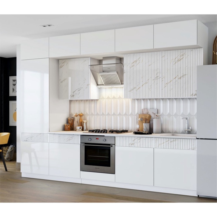 УЦЕНКА Кухня в потолок трехуровневая Престиж 3000, Белый/Мрамор золото МДФ - Фото 1