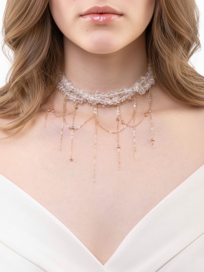 Колье «Хрусталь» водопад, белое в золоте - Фото 1