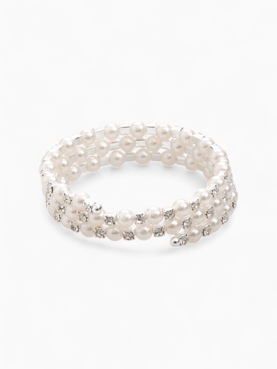 Браслет с жемчугом «Пружинка» стразинки, шар № 6, белый в серебре, L=6 см