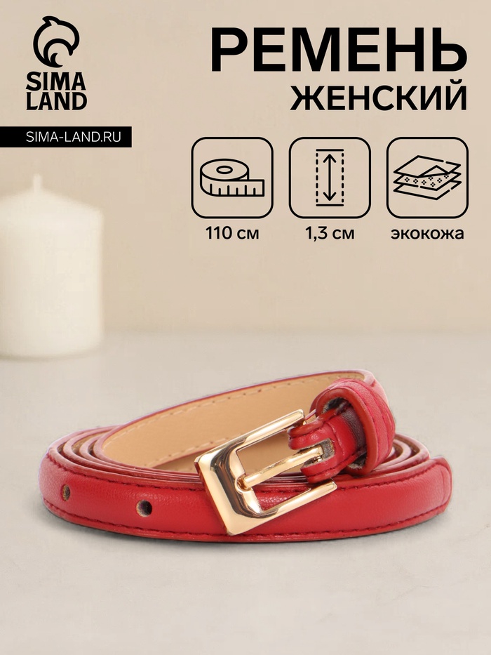 Ремень женский тонкий, 110×1.3 см, классическая пряжка металл, золотистая, красный - Фото 1