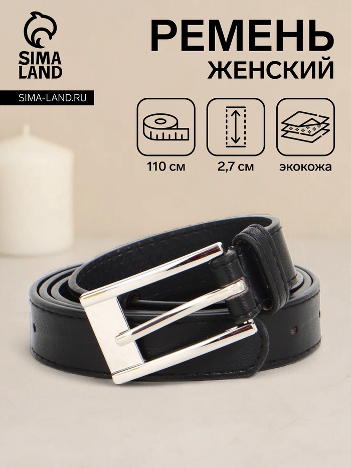 Ремень женский, 110×2.7 см, пряжка металл, серебристая, чёрный - Фото 1