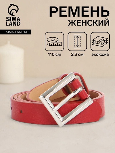 Ремень женский, 110×2.3 см, классическая пряжка металл, серебристая, красный