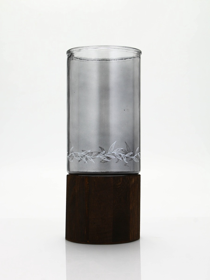 Ваза для цветов с деревянной подставкой из темного стекла, 25.5×10 см, 1.25 литра