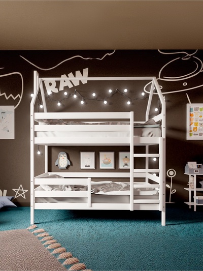 Кровать детская двухъярусная «Домик», с бортиками, без ящиков, 800×1900 мм, цвет белый