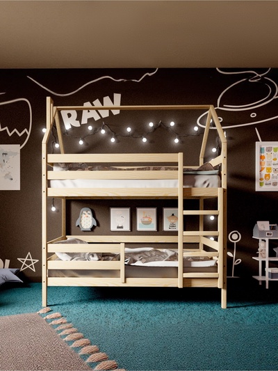Кровать детская двухъярусная «Домик», с бортиками, без ящиков, 800×1900 мм, без покраски