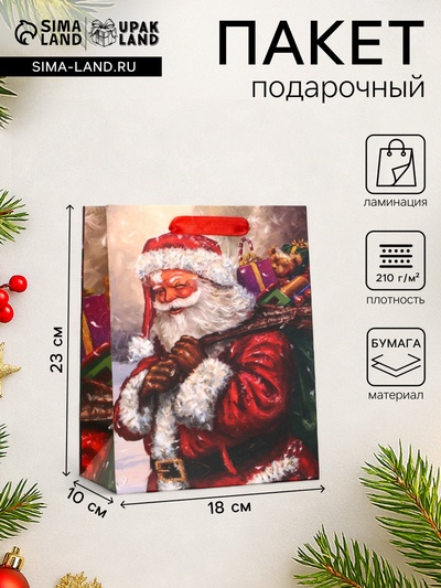 Пакет подарочный новогодний ламинированный «Дед Мороз с подарками», 18×23×10 см