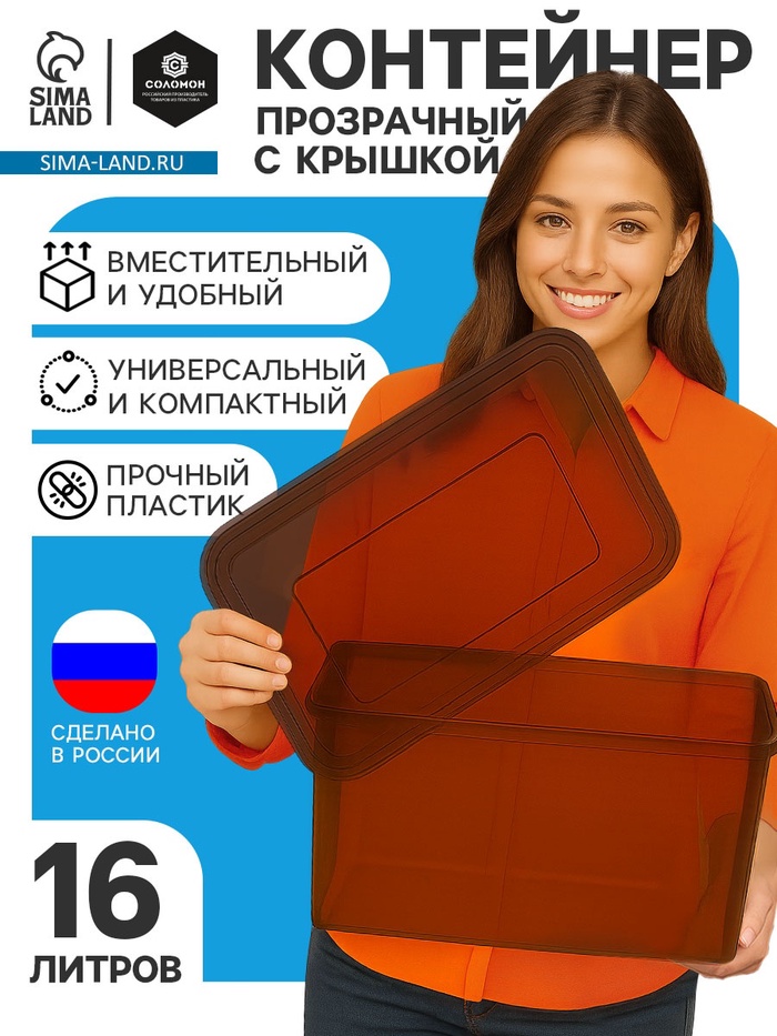 Ящик пластиковый для хранения, с крышкой, объём — 16 л, прозрачно-чёрный - Фото 1