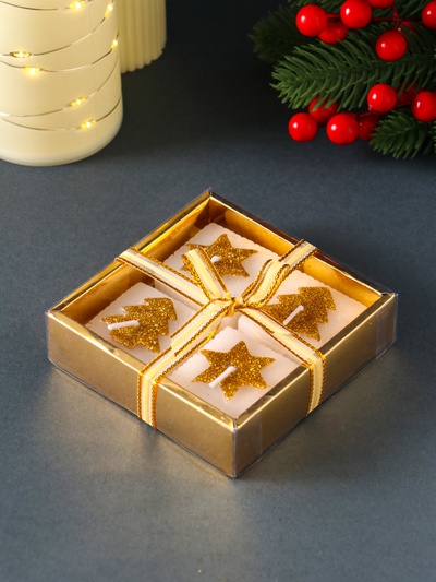 Набор свечей «Марки. Золотые ёлочки и звёзды», 4 шт., 10.5×10.5×3 см