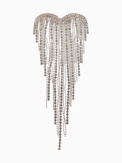 Брошь «Сердце» водопад страз, белая в серебре