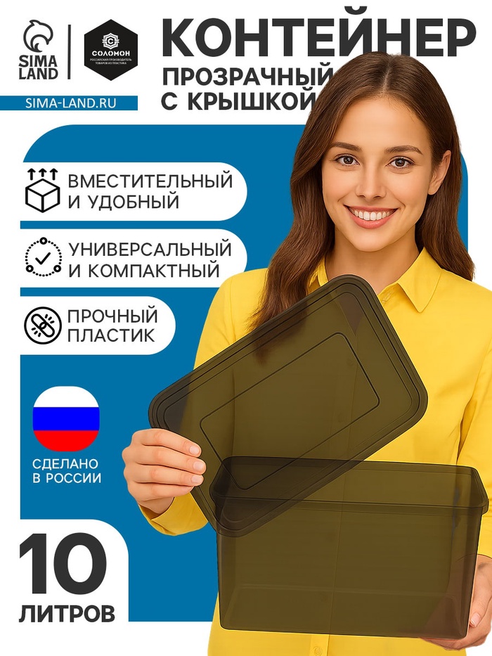 Ящик пластиковый для хранения, с крышкой, объём — 10 л, прозрачно-чёрный - Фото 1