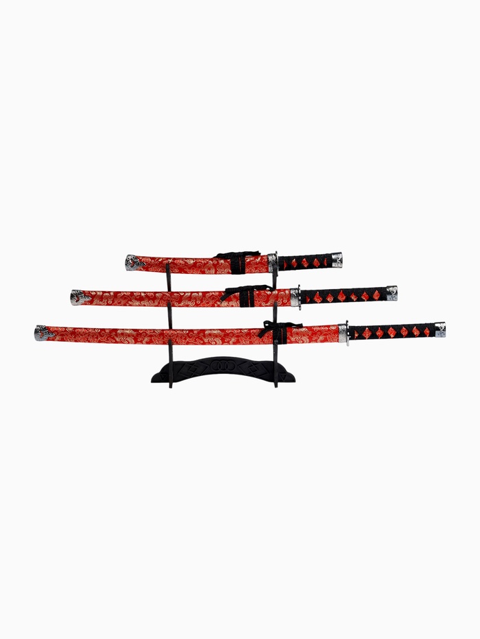 УЦЕНКА Макет оружия «Сувенирные катаны на подставке 3в1. Цветы на красном», ножны кожзам, 47 см; 70 см; 89 см - Фото 1