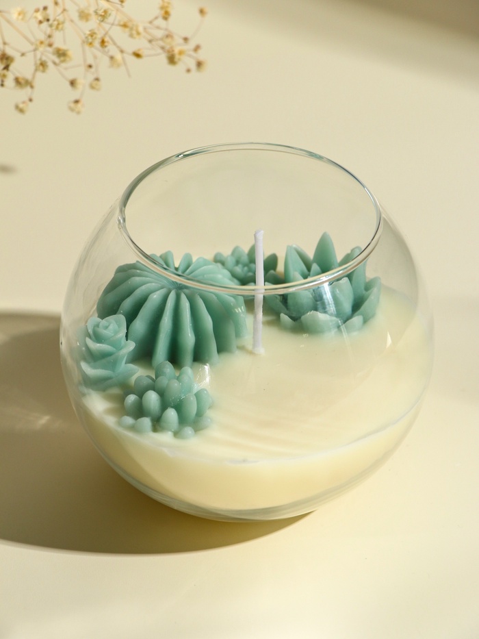 Ароматическая свеча в подсвечнике «Суккуленты», 1 фитиль, белый чай, 11×11×10 см - Фото 1