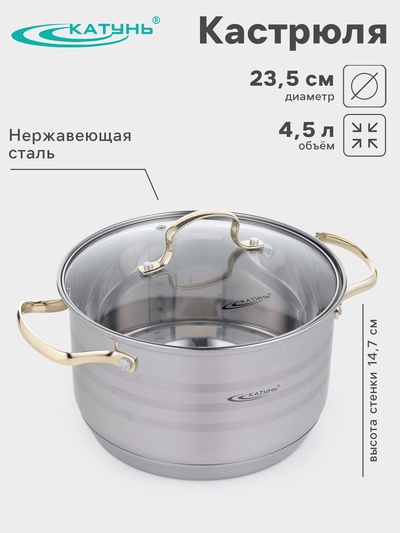 Кастрюля Катунь «ЭЛИС ГОЛД», 4.5 л, 22×13 см, стеклянная крышка, нержавеющая сталь, ручки золотистые