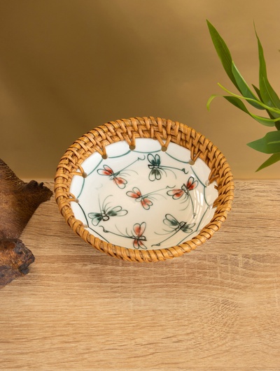 Тарелка керамическая с ротангом, 13.5×13.5×3 см, МИКС
