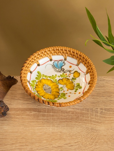 Тарелка керамическая с ротангом, 13.5×13.5×3 см, МИКС