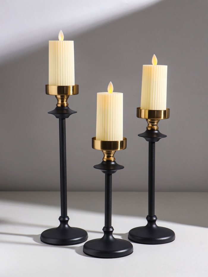 Набор подсвечников на 1 свечу «Эстетика», металл, чёрный с золотом, d=6.7 см, 3 шт., h=22.5, 28 и 32 см - Фото 1