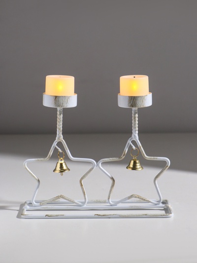 Подсвечник на 2 свечи «Две звезды», металл, белый с патиной, d=5 см, 18.5×7.3×14.8 см