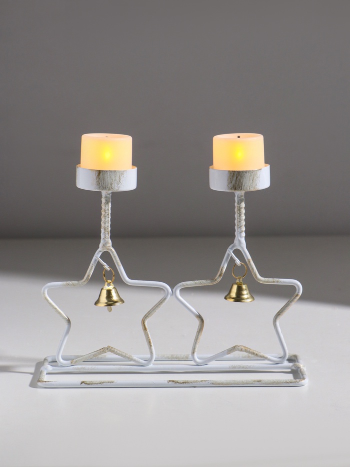 Подсвечник на 2 свечи «Две звезды», металл, белый с патиной, d=5 см, 18.5×7.3×14.8 см - Фото 1