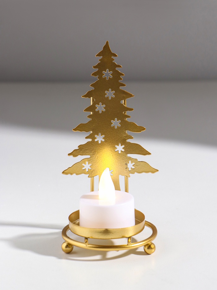 Подсвечник на 1 свечу «Ёлочка со звёздами», металл под золото, d=5 см, 6.5×6.5×13.5 см - Фото 1