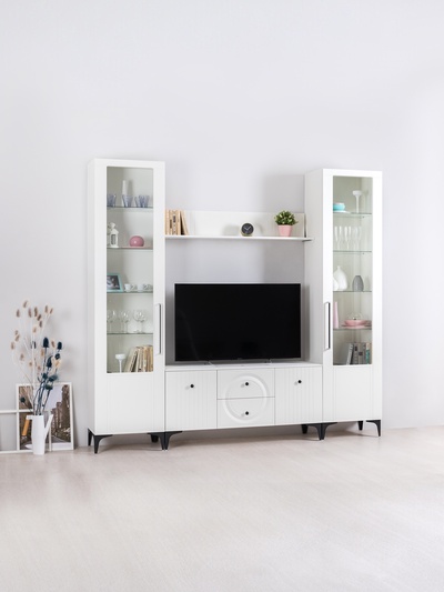 Гостиная под телевизор «Валенсия», 2431×383×2140 мм, цвет белый/белый МДФ
