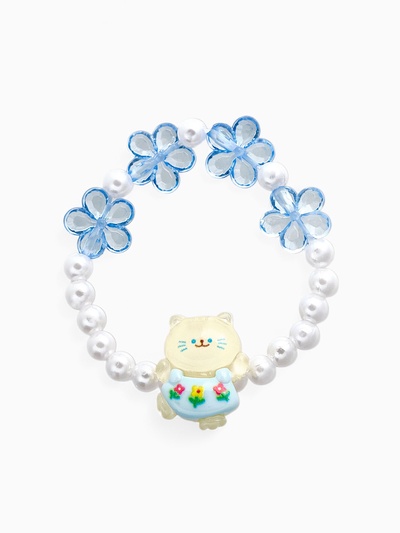 Браслет детский «Выбражулька. Котик, цветы и жемчуг», d=6 см, белый, голубой