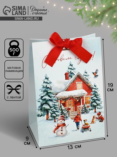 Пакет подарочный новогодний с лентой «С Новым годом», 13×19×9 см