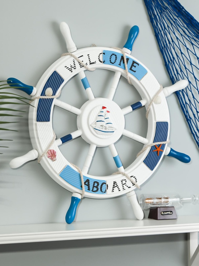 УЦЕНКА Декор настенный, панно «Штурвал. Welcome aboard с корабликом», 62×62×3.5 см - Фото 1
