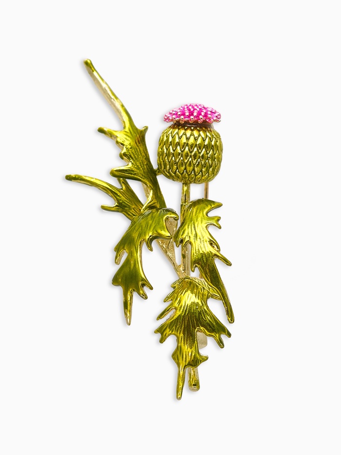 Брошь «Чертополох» растение, зелёно-розовый в золоте - Фото 1