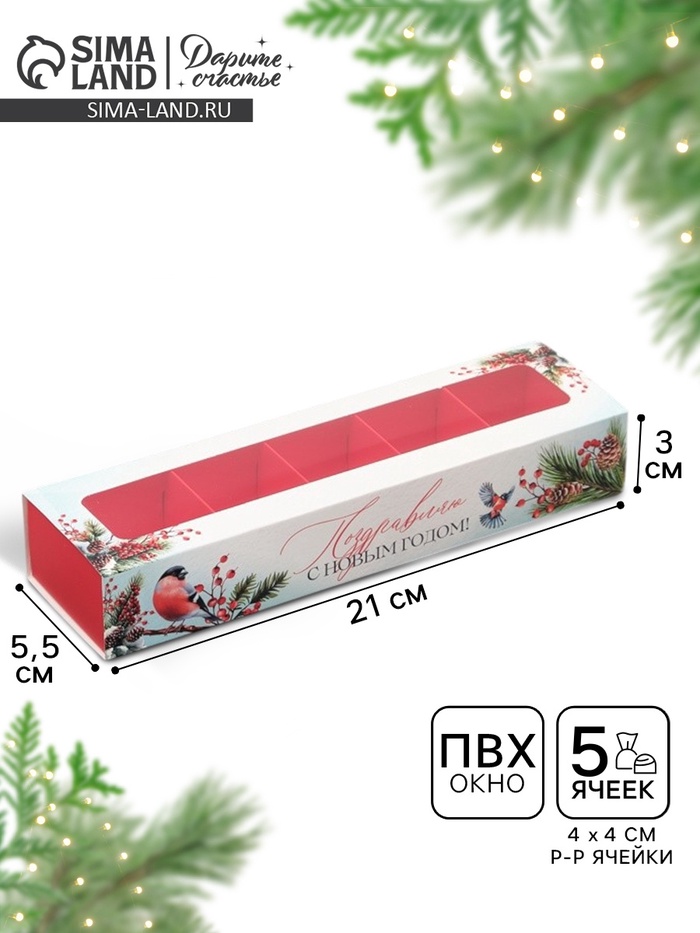 Коробка под 5 конфет с ячейками «С Новым годом», 21×3×5.5 см - Фото 1